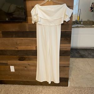 Cream off shoulder pant suit